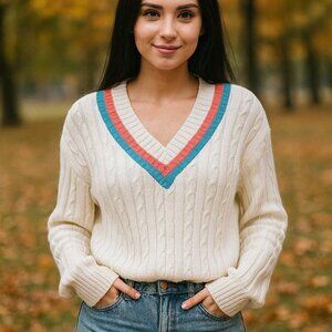 Wimbledon‎ Tennis Style Cable Knit V Neck Sweater Coral Blue Trim Size M